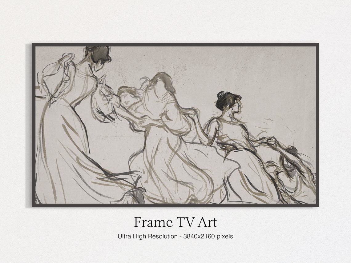 Dancing Women Ink Sketch Charcoal Dancers Movement Vintage Art Print