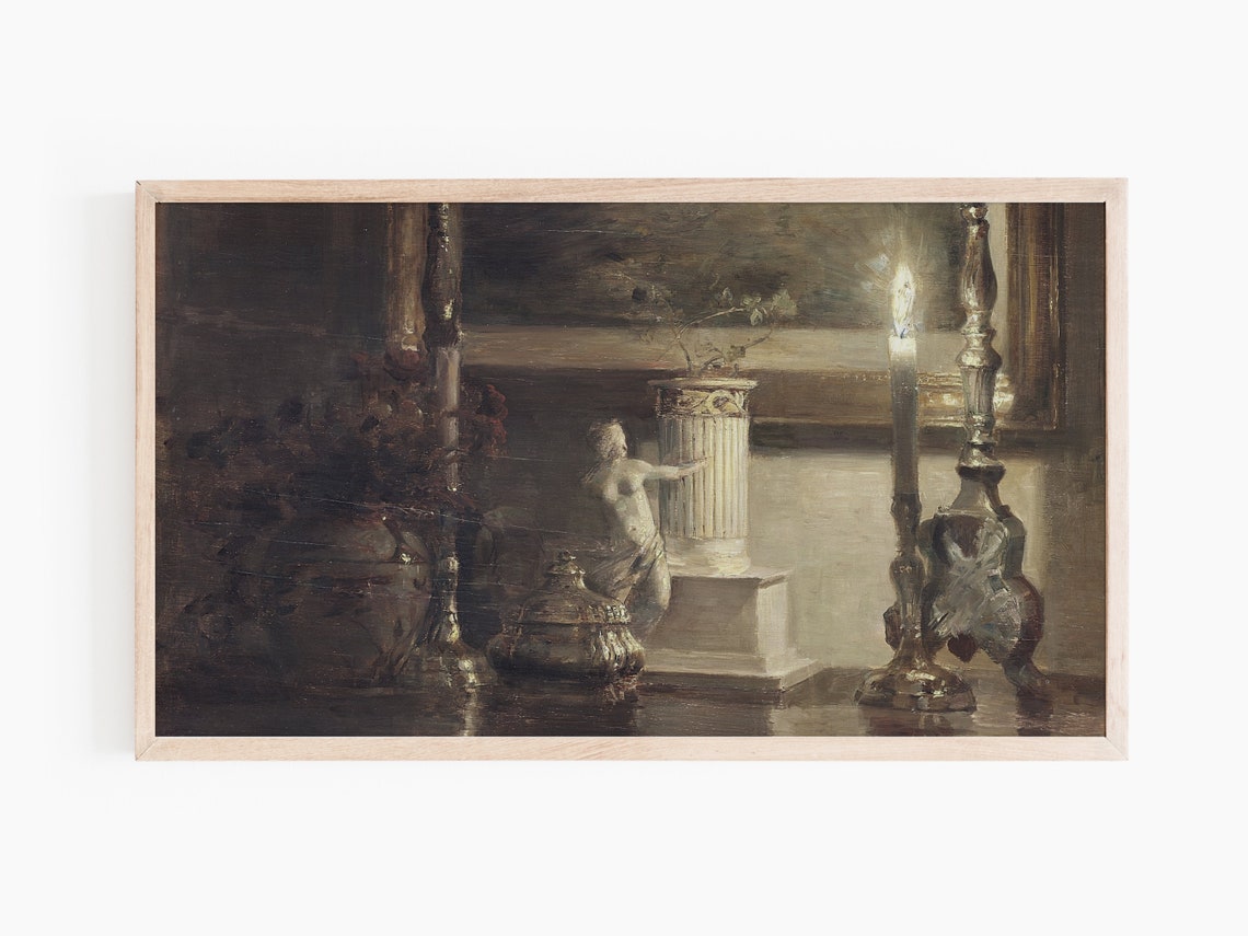 Dark Candlelit Still Life Painting Classical Statue Vintage Wall Art - Image 3
