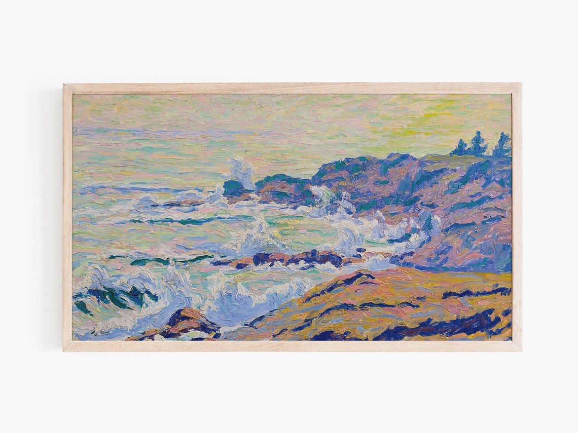Impressionist Rocky Coastline Painting Waves Crashing Cliffs Wall Art - Image 3