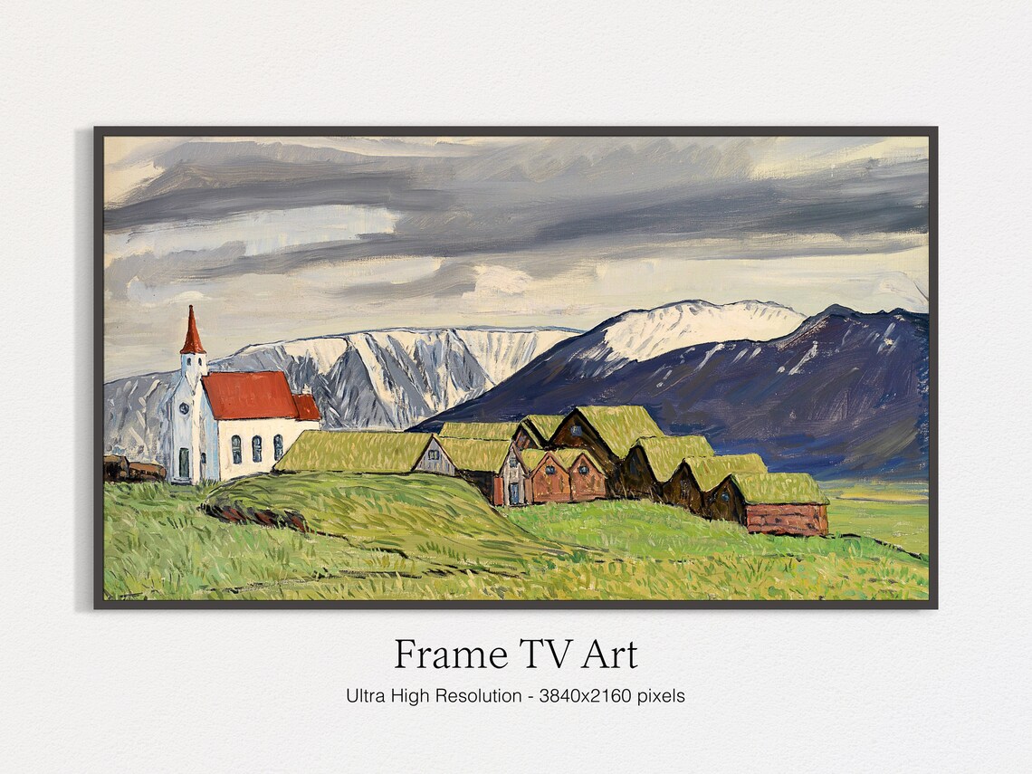Icelandic Village Church Turf Houses Mountain Landscape Travel Poster