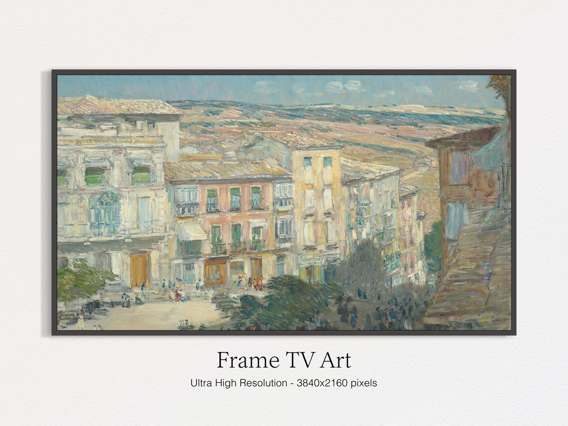 Sunlit European Old Town Plaza Pastel Buildings Hills View Art Print