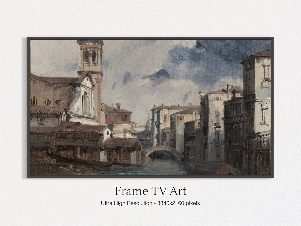 Vintage Venice Canal Painting Italian Church Tower Bridge Wall Art
