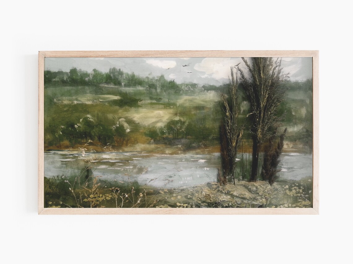 Vintage Misty Pond Landscape Painting Peaceful Waterside Nature Poster - Image 3