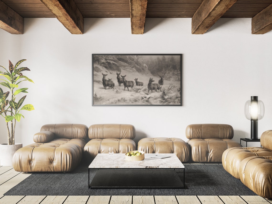 Deer Herd In Snowy Mountain Winter Monochrome Drawing Art Print - Image 3