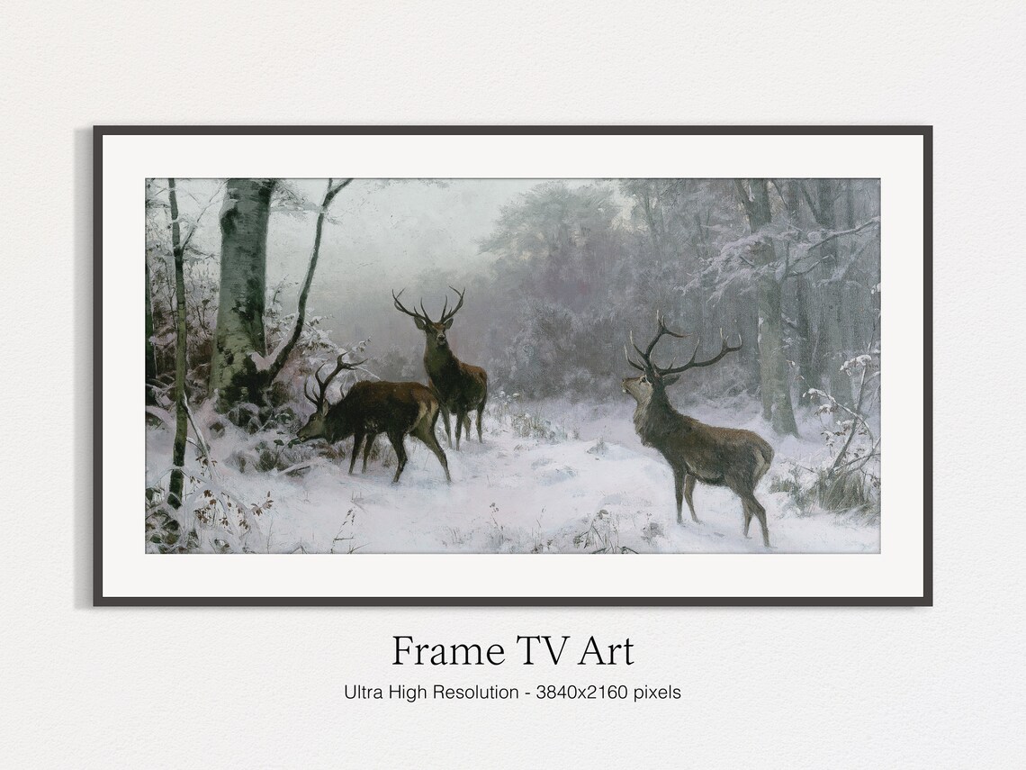 Winter Muted Landscape Animals Vintage Art Print - Image 4