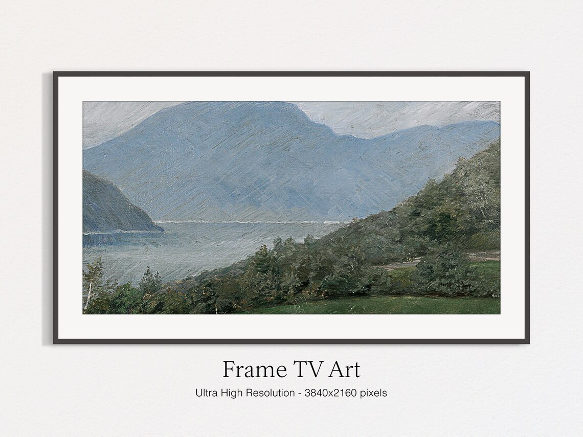 Misty Blue Mountain Lake Vintage Oil Painting Landscape Wall Art - Image 5