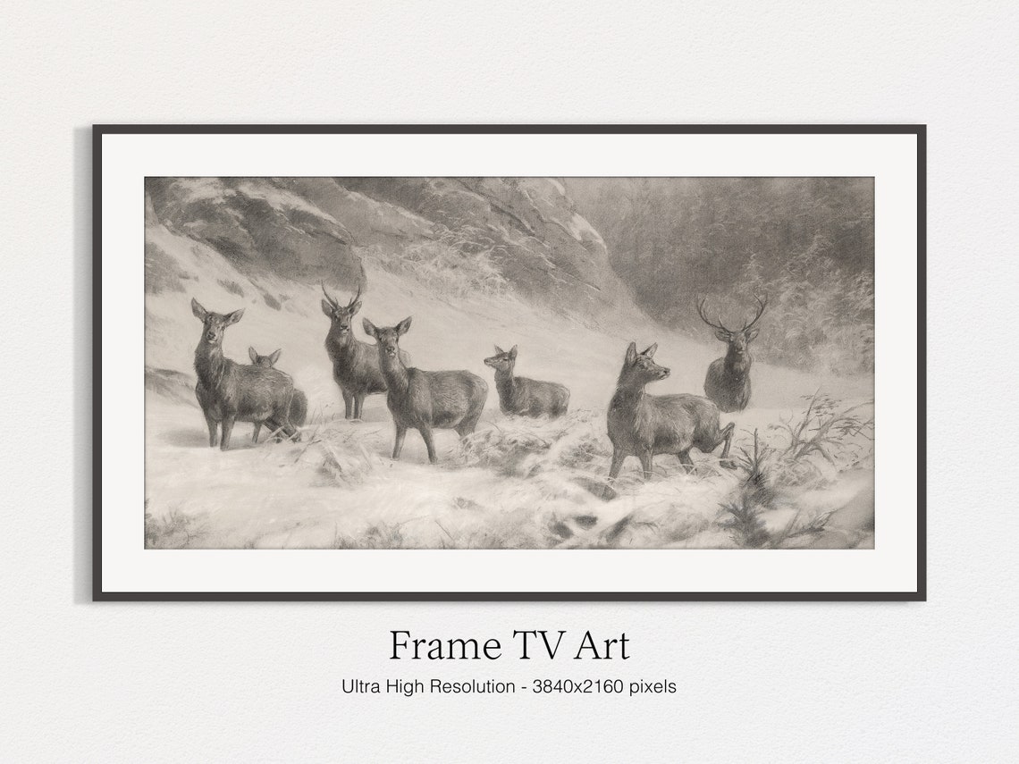 Deer Herd In Snowy Mountain Winter Monochrome Drawing Art Print - Image 4