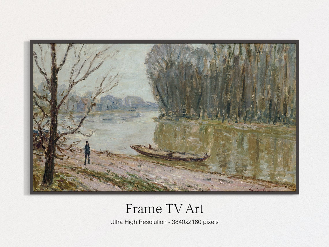 Misty River With Boat Bare Trees Figure On Bank Landscape Art Print