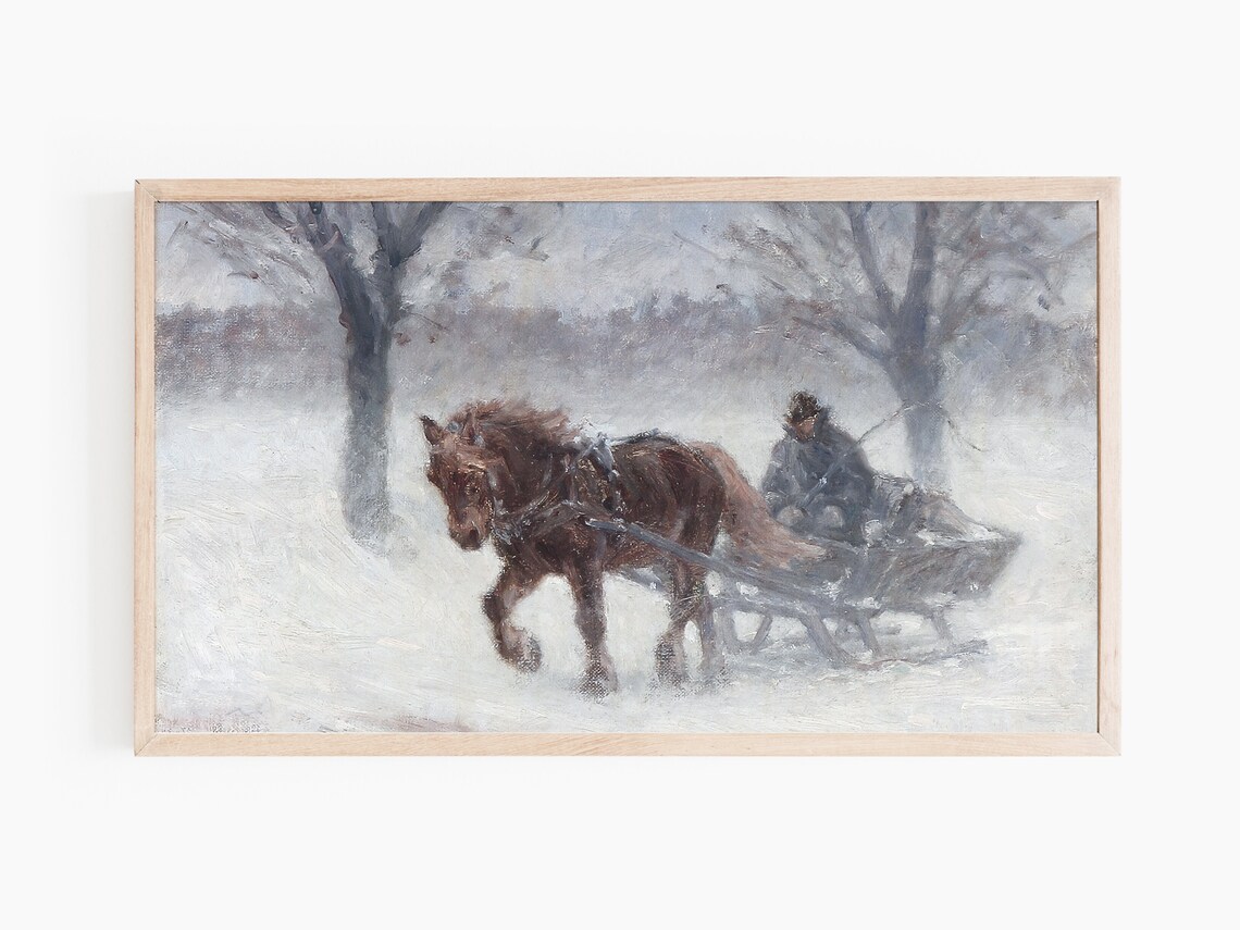 Horse Drawn Sleigh Ride in Falling Snow Vintage Winter Painting Poster - Image 2