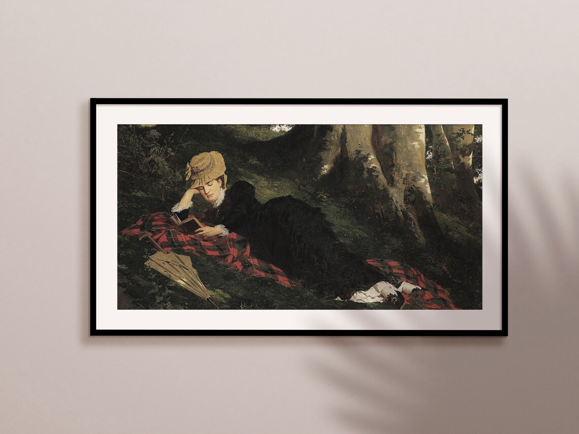 Woman Reading in the Forest Classic Vintage Oil Painting Art Print - Image 2