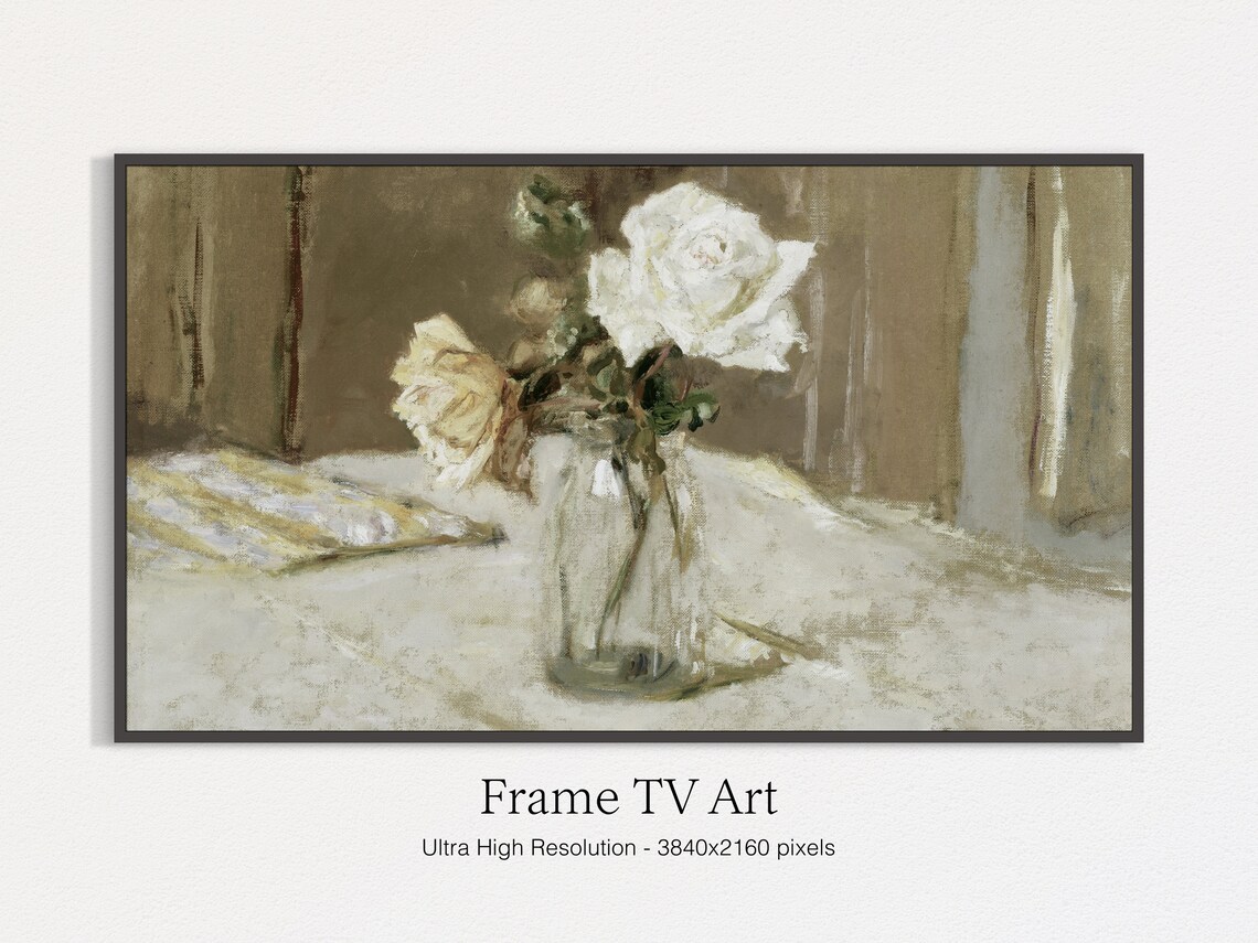 White Roses In Glass Vase Still Life Painting Vintage Floral Wall Art