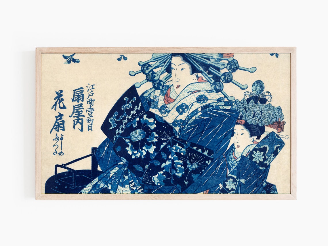 Ogiya Uchi Hanaogi Japanese Courtesan Blue Kimono Ukiyo-e Print