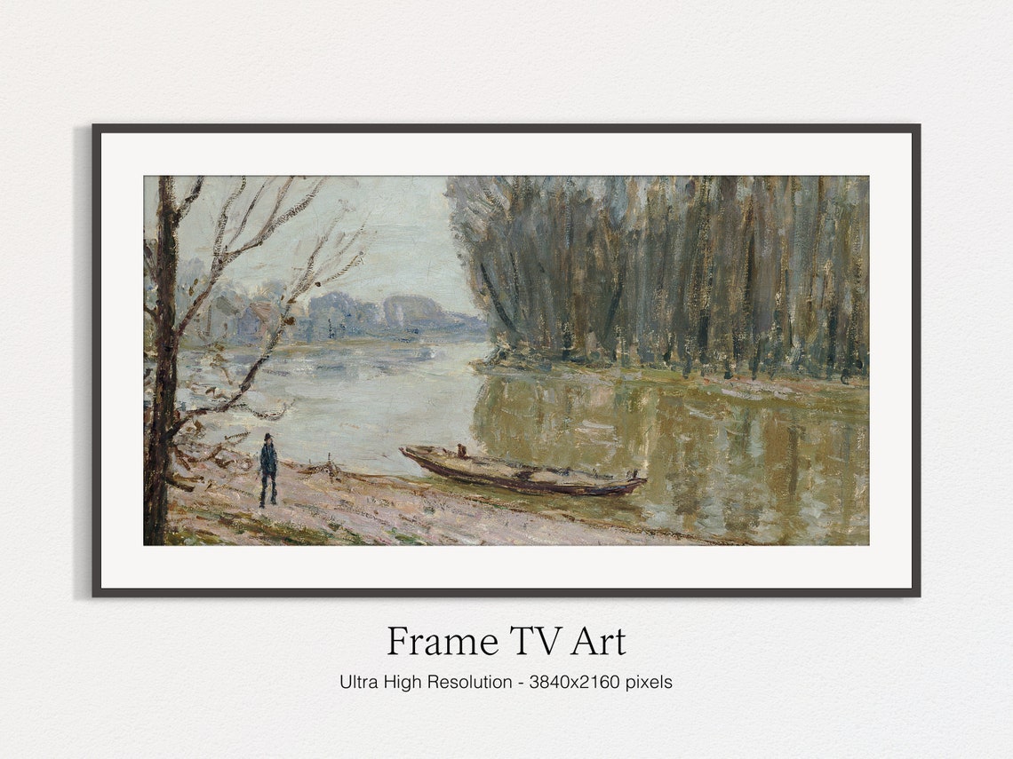 Misty River With Boat Bare Trees Figure On Bank Landscape Art Print - Image 4