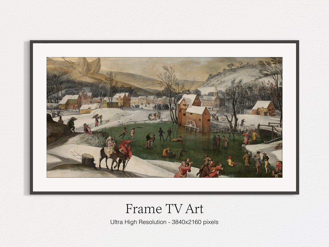 Flemish Village Winter Pond Ice Skaters Antique Oil Painting Wall Art - Image 4