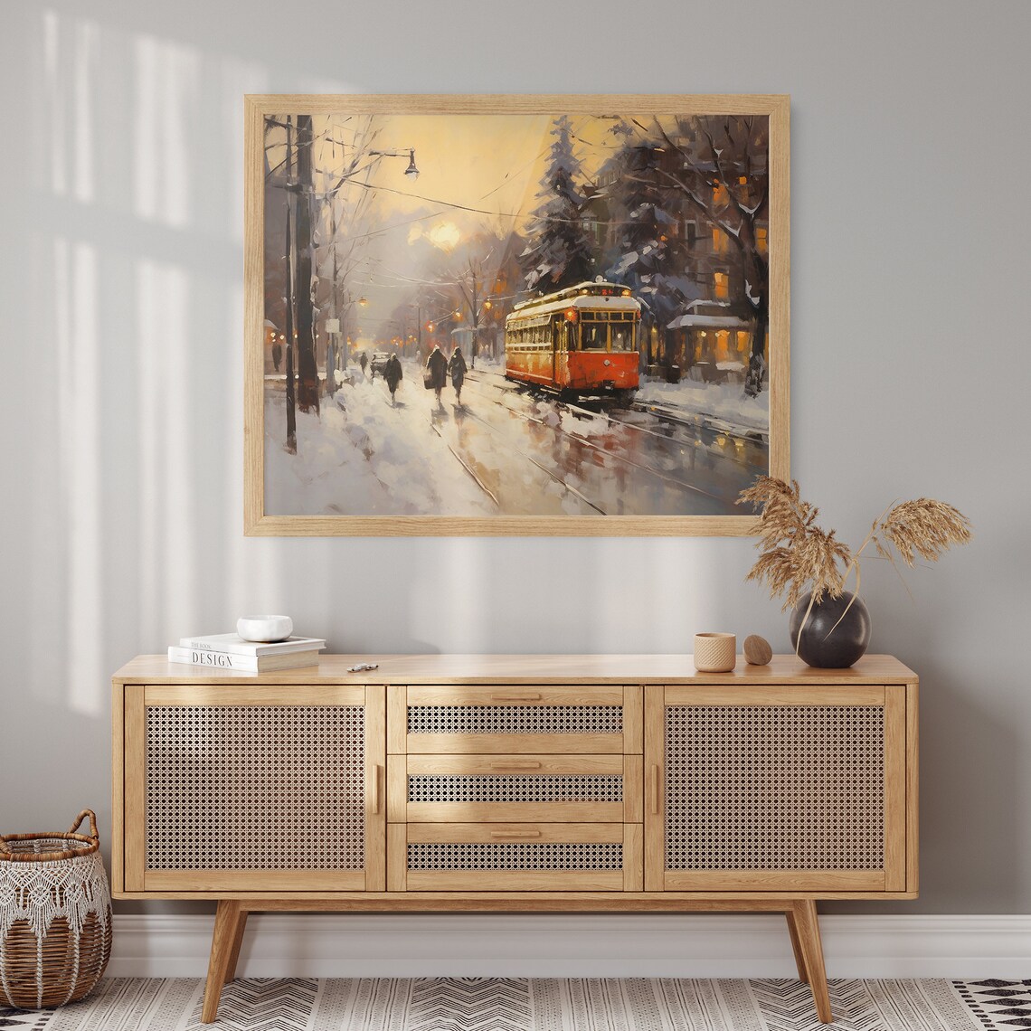 Vintage Red Trolley Snowy City Street Winter Evening Scene Poster - Image 2