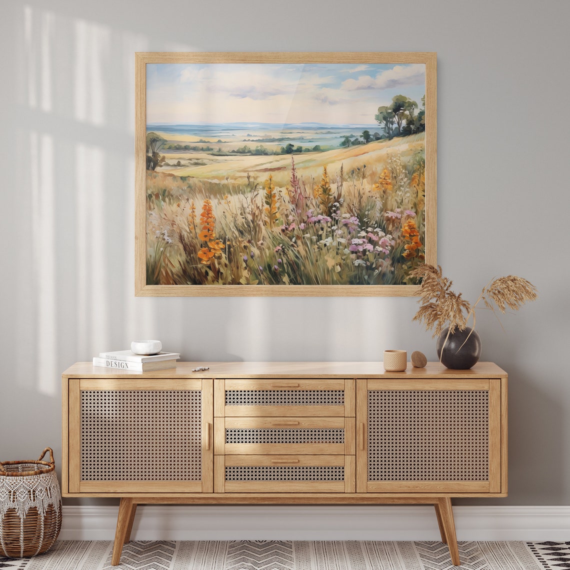 Golden Autumn Meadow Wildflowers Distant Valley Landscape Poster - Image 2