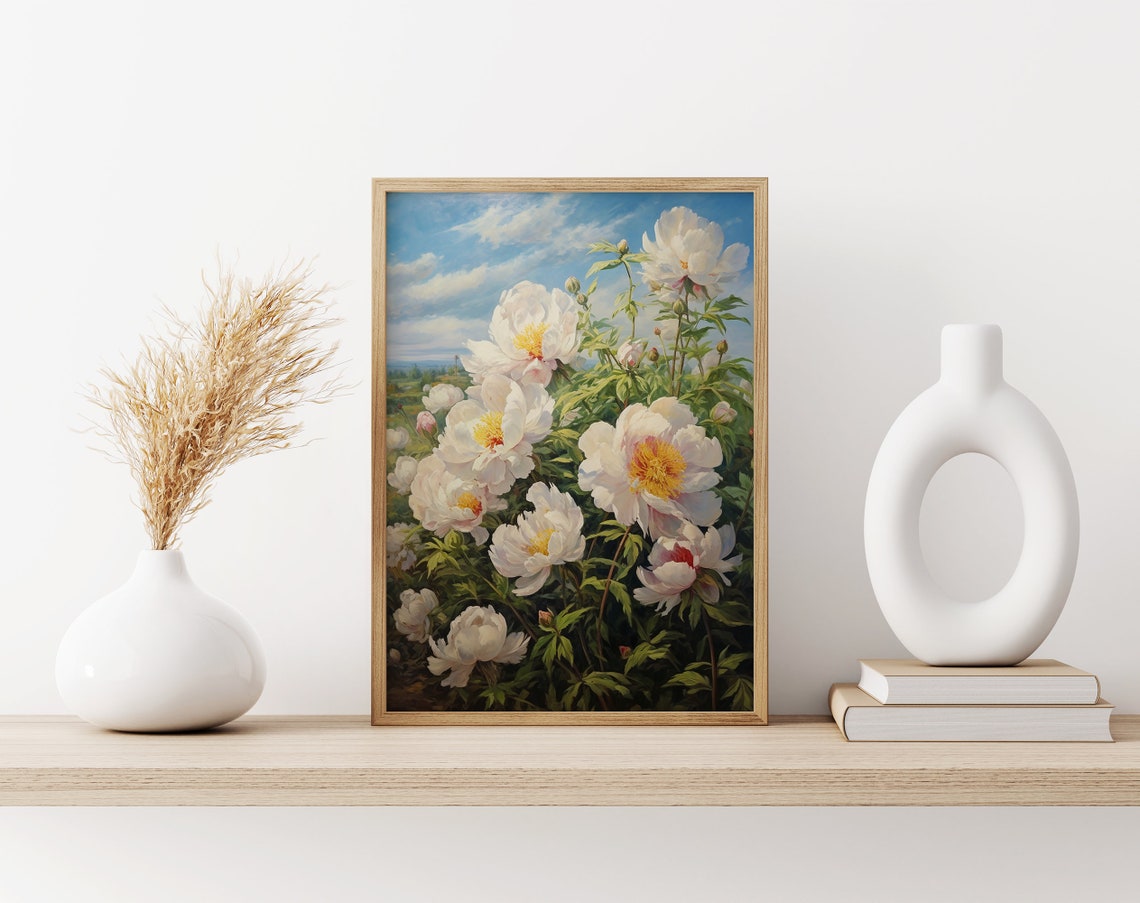 Tall White Peonies Blue Sky Summer Garden Floral Painting Poster - Image 3