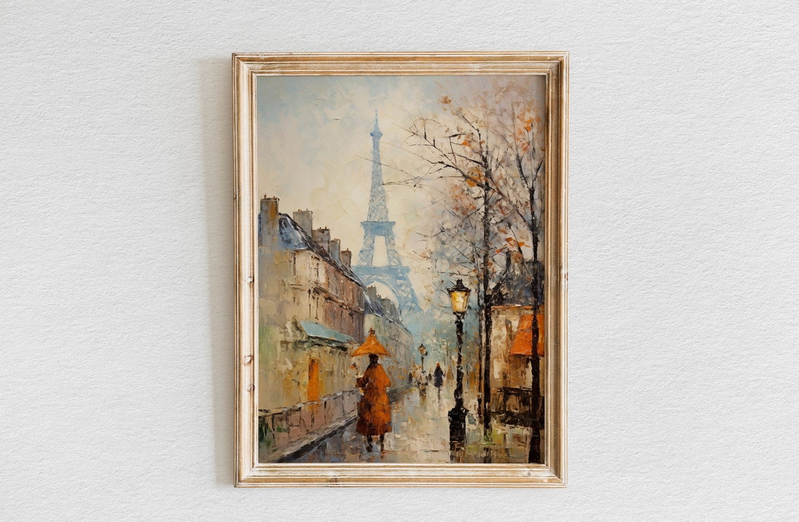 Eiffel Tower Rainy Paris Street Orange Umbrella Cityscape Poster