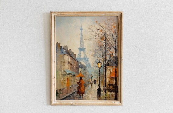 Eiffel Tower Rainy Paris Street Orange Umbrella Cityscape Poster