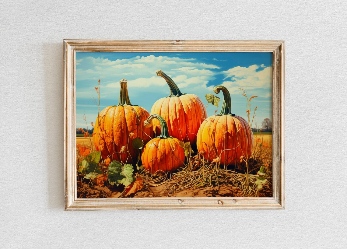 Cluster of Four Giant Orange Pumpkins in an Autumn Field Poster