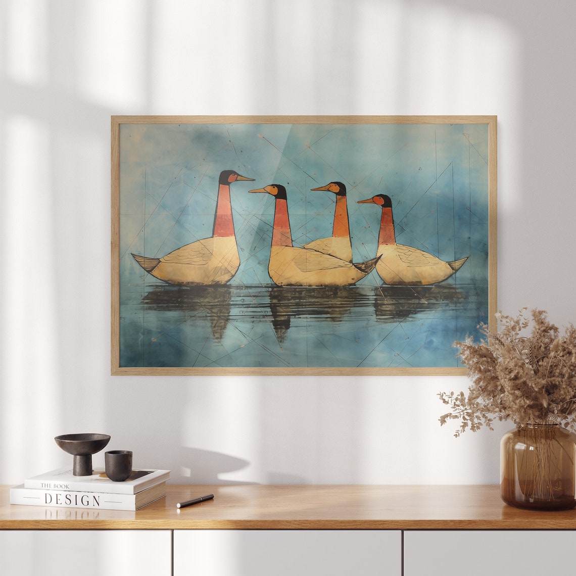 Four Stylized Geese on Blue Water Paul Klee Inspired Modern Poster - Image 3