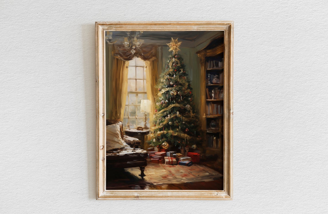 Cozy Library Corner with Christmas Tree Star and Wrapped Gifts Poster