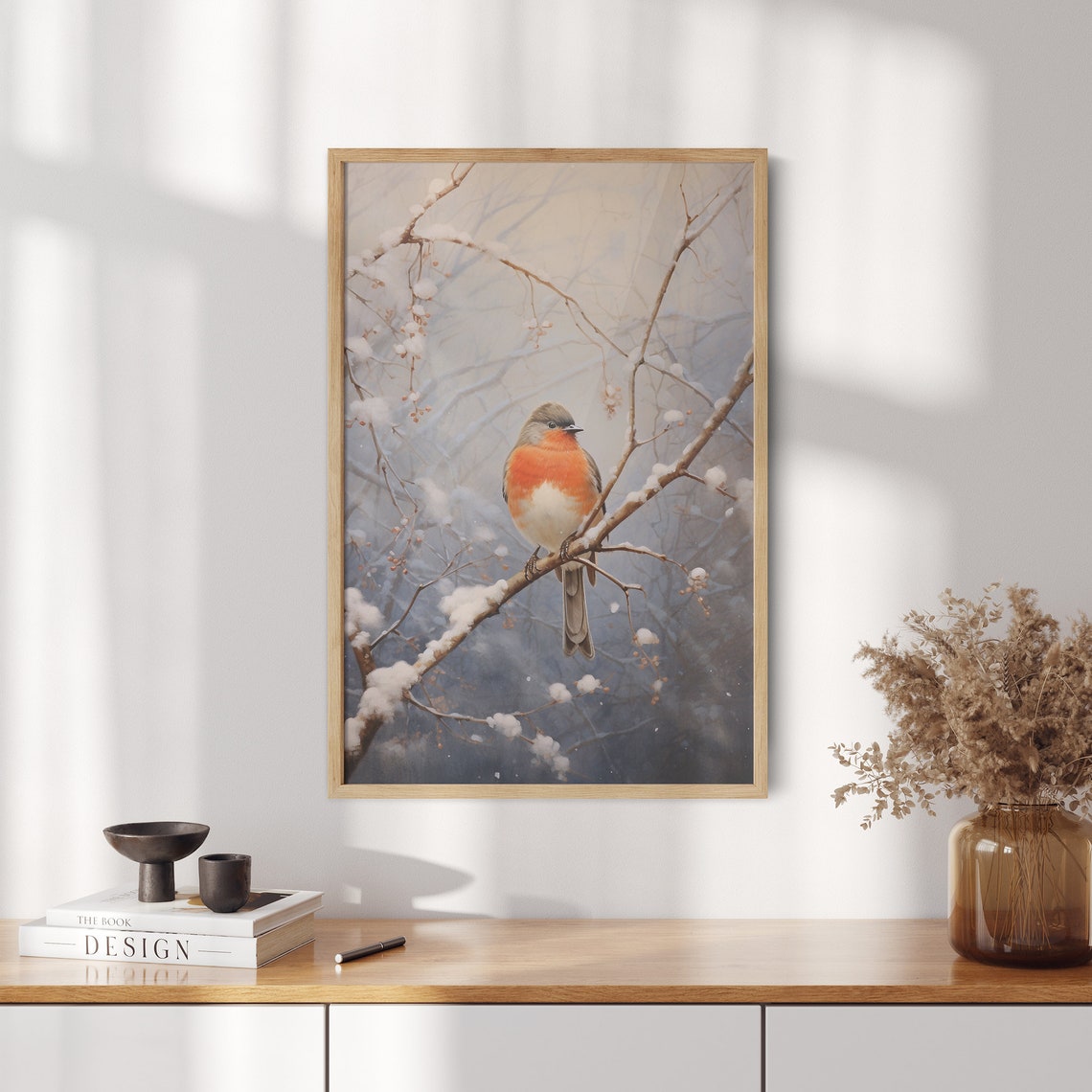 Robin Resting on a Snow Covered Branch in Soft Winter Light Poster - Image 2