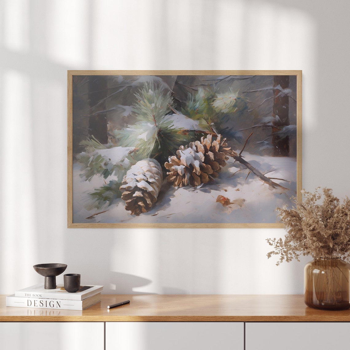 Snow Covered Pinecones Resting on Fresh Powdery Winter Snow Poster - Image 2