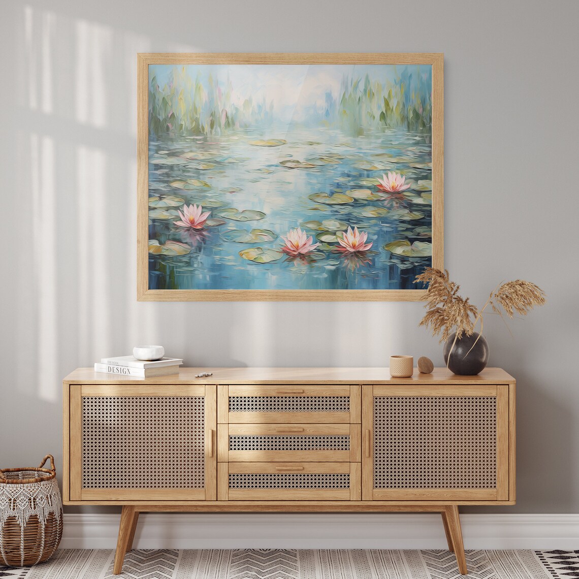Pink Water Lilies Monet Style Impressionist Pond Painting Poster - Image 2