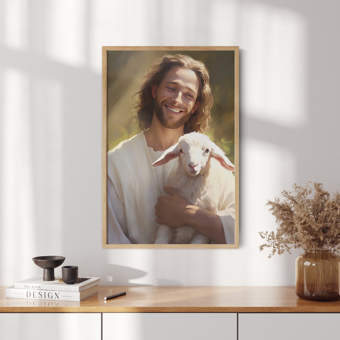 Smiling Jesus in White Robe Holding a Lamb Dark Background Oil Poster - Image 2