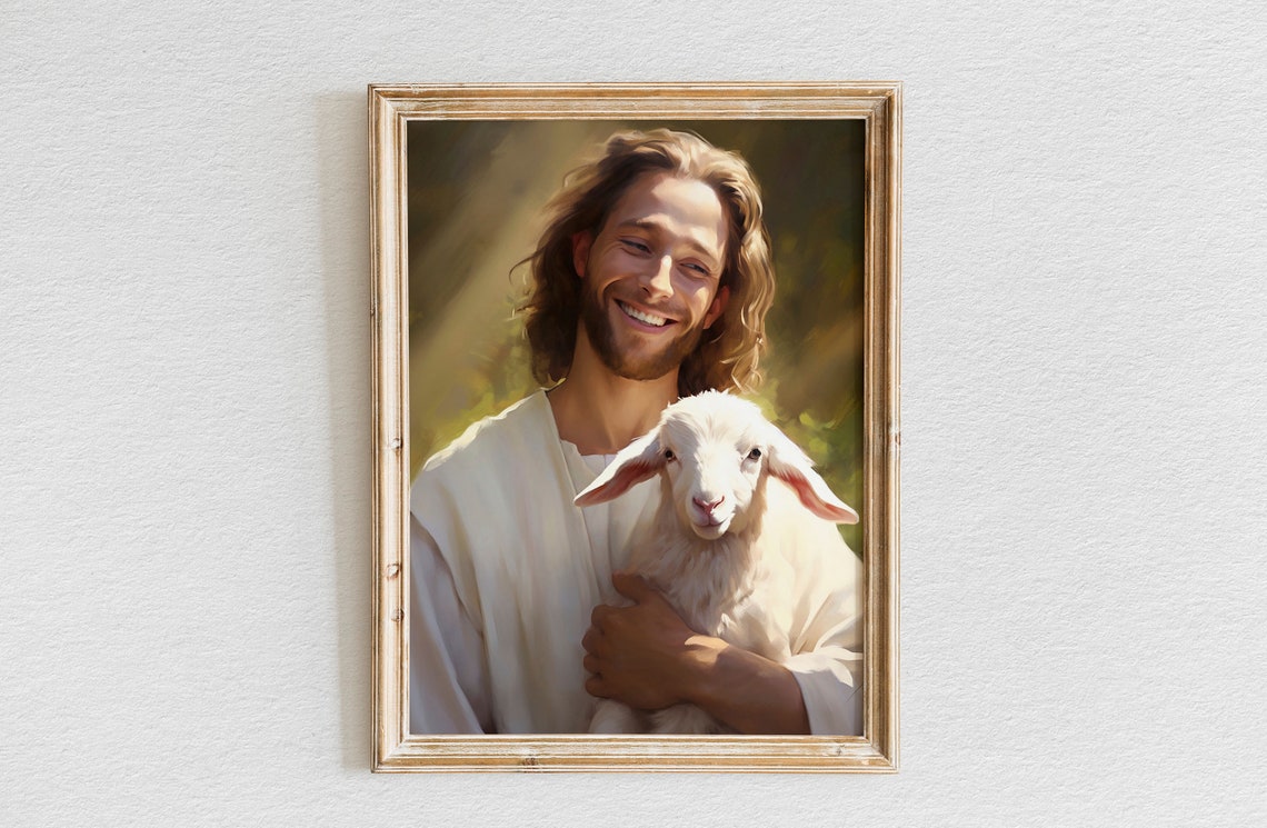 Smiling Jesus in White Robe Holding a Lamb Dark Background Oil Poster