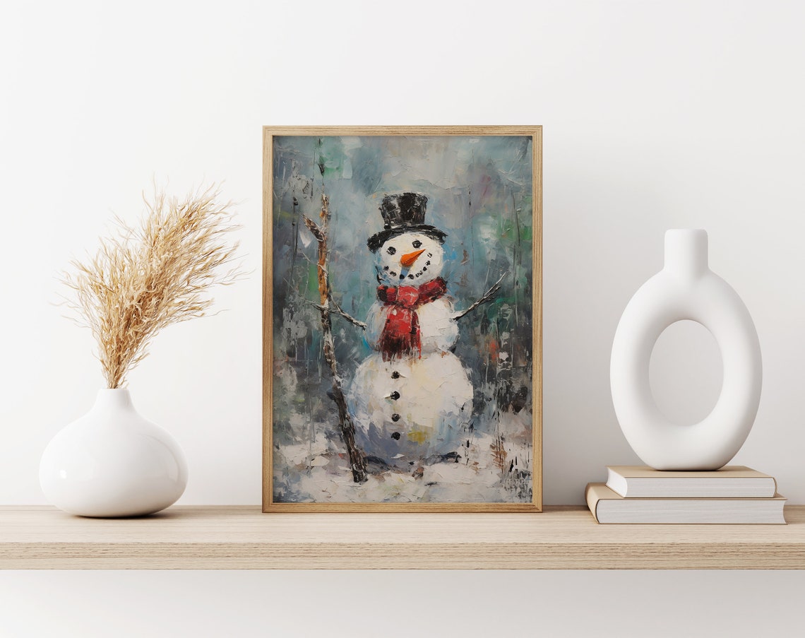 Cheerful Snowman in Black Top Hat and Red Scarf Impasto Winter Poster - Image 3