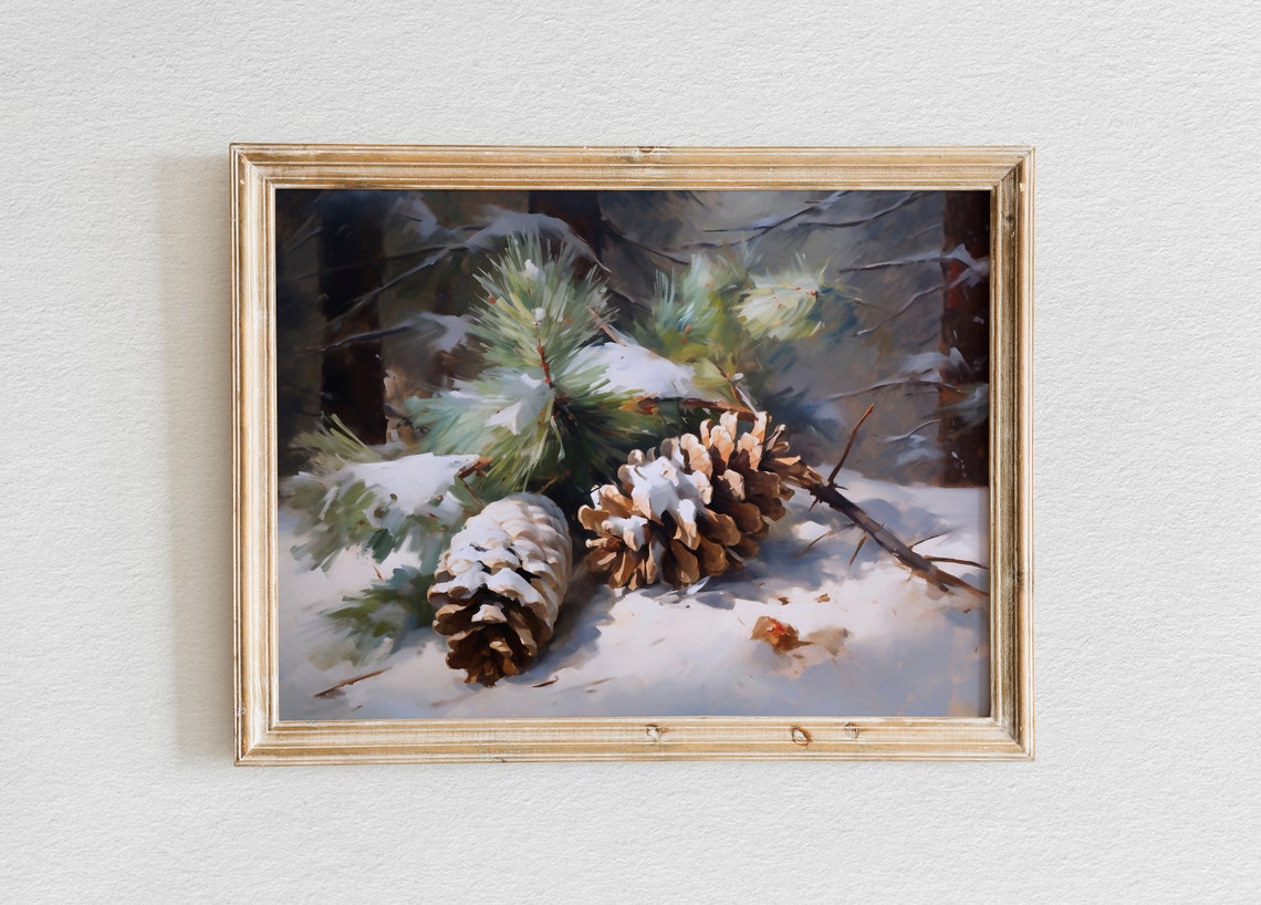 Snow Covered Pinecones Resting on Fresh Powdery Winter Snow Poster