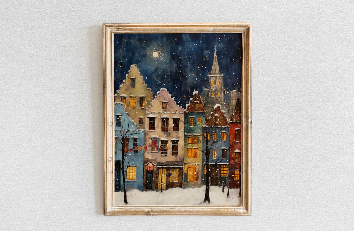 Charming European Old Town Street in Snow Under Starry Night Poster