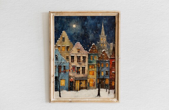 Charming European Old Town Street in Snow Under Starry Night Poster