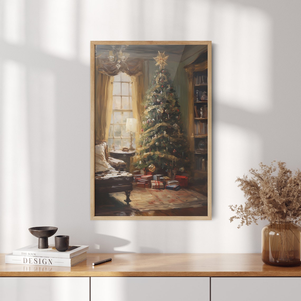 Cozy Library Corner with Christmas Tree Star and Wrapped Gifts Poster - Image 2