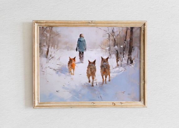 Person Walking Three Dogs Through a Snowy Winter Forest Poster