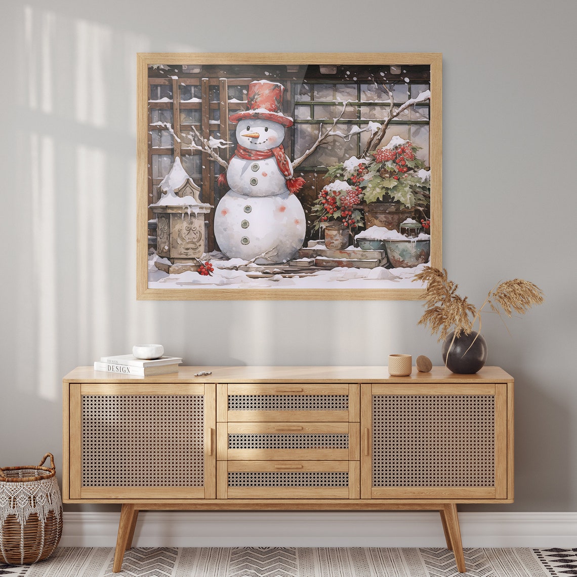 Snowman on a Snowy Porch with a Lantern and Red Holly Poster - Image 2