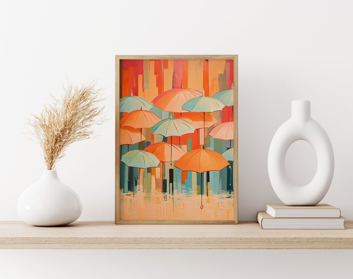 Colorful Umbrellas Oil Painting Abstract Rainy Day Scene Poster - Image 3