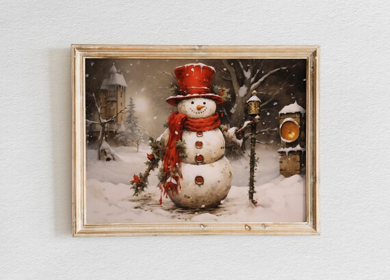 Vintage Snowman in Red Top Hat Snowy Holiday Village Scene Poster