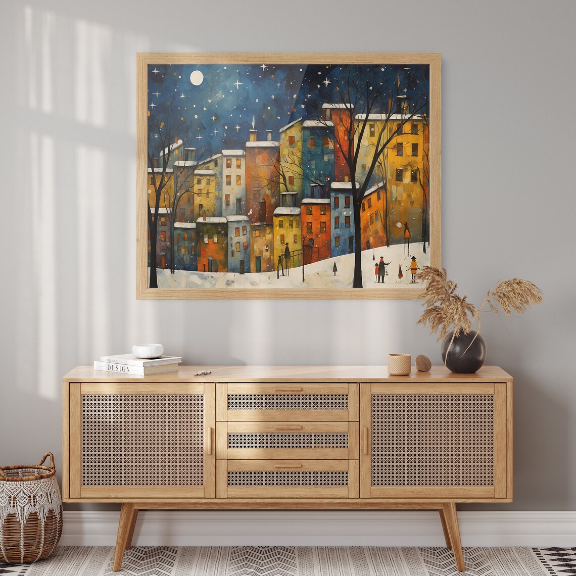 Vibrant Snowy City Skyline of Colorful Buildings on Starry Night Poster - Image 2