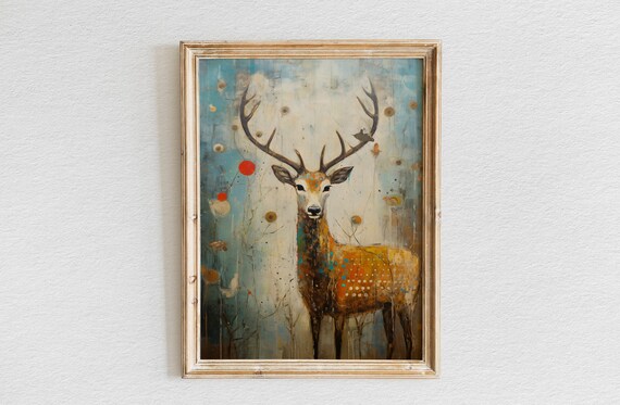 Whimsical Deer with Antlers in Dreamy Abstract Blue Meadow Art Poster