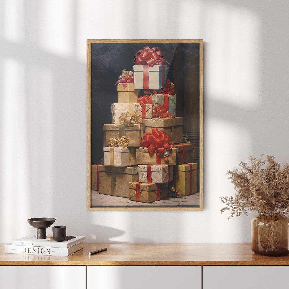 Towering Stack of Wrapped Christmas Gift Boxes with Ribbons Poster - Image 2