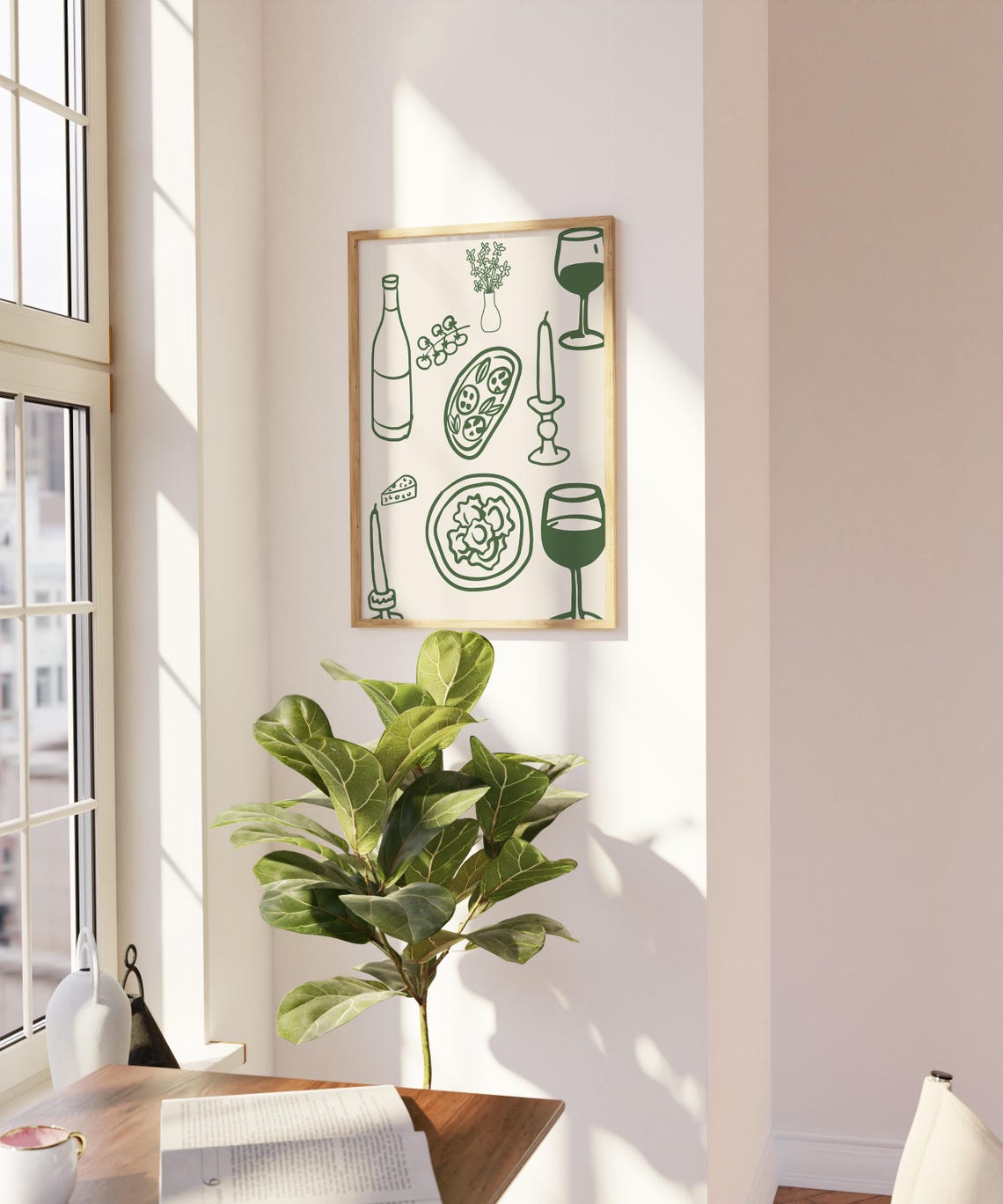 Forest Green Dinner Table Line Art Wine Pasta Retro Kitchen Poster - Image 3