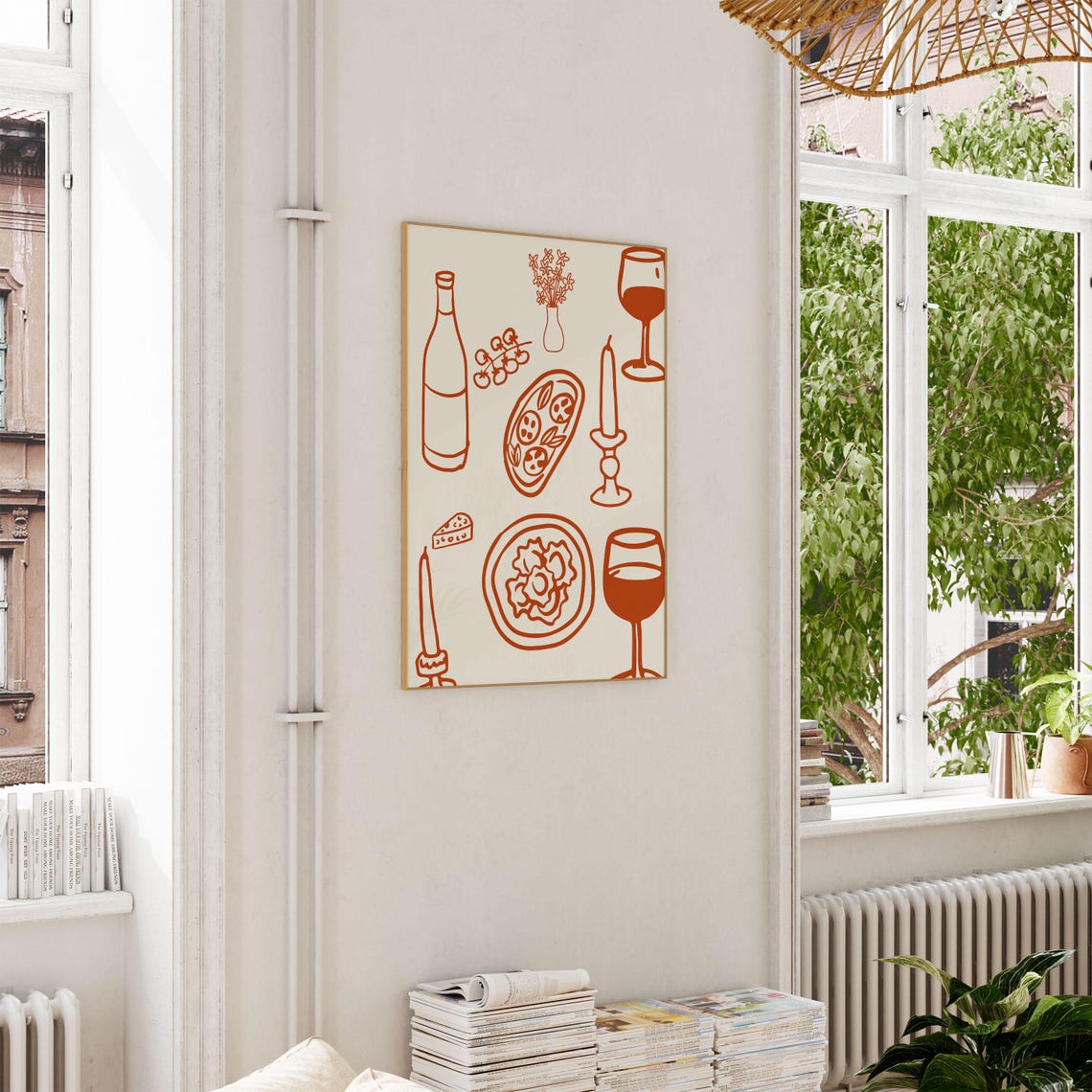 Terracotta Dinner Table Line Art Wine Pasta Retro Kitchen Poster - Image 2