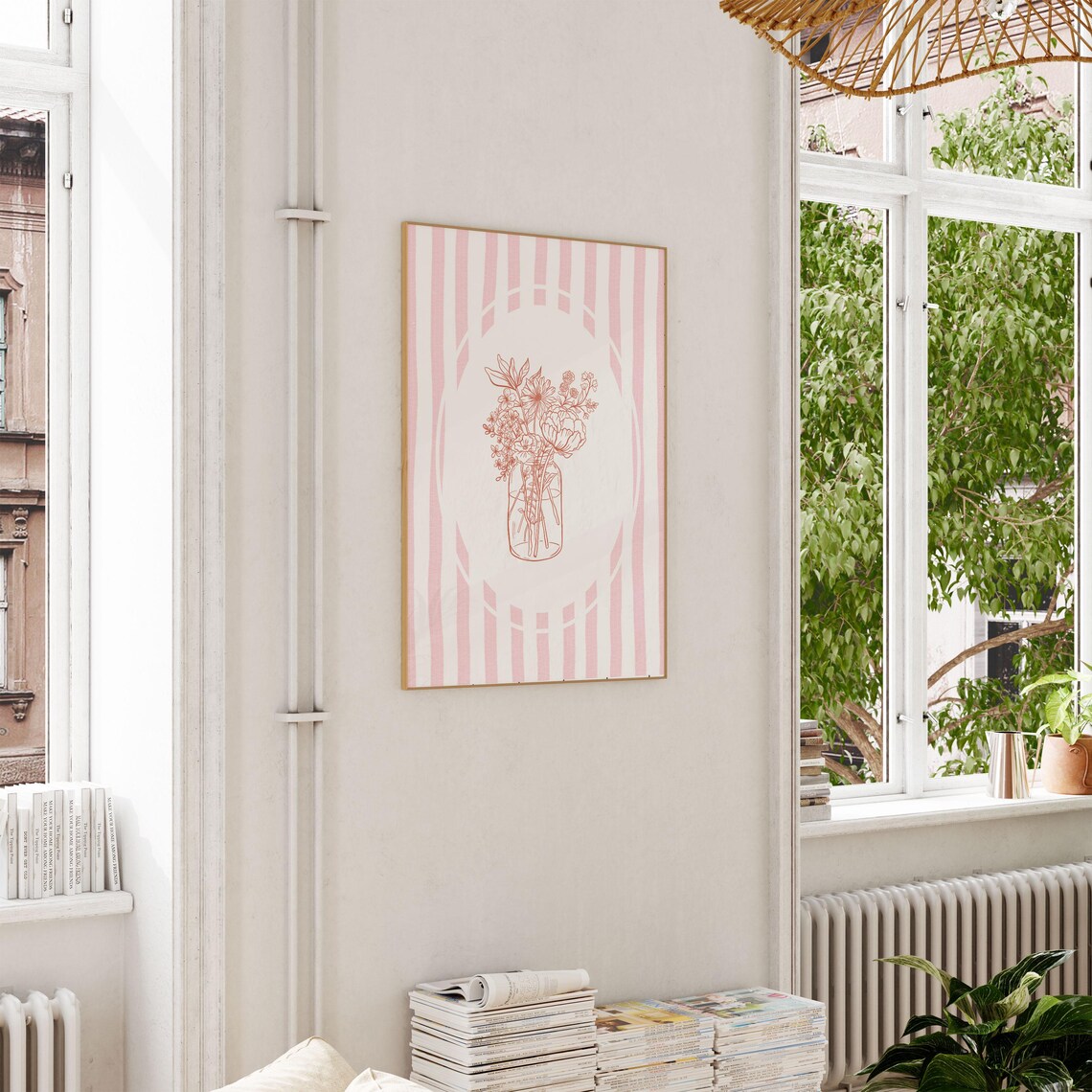 Red Line Art Flower Bouquet Glass Jar Pink Striped Minimal Poster - Image 3