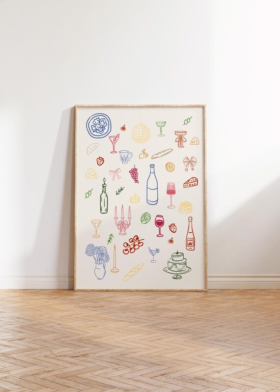 Colorful Cocktail Party Line Art Celebration Retro Kitchen Bar Poster
