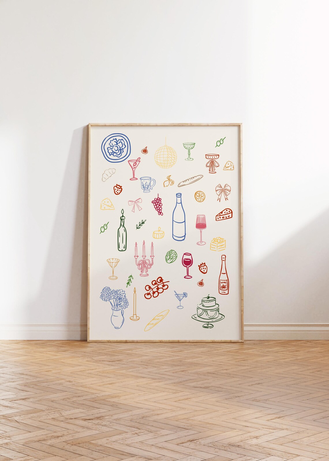 Colorful Cocktail Party Line Art Celebration Retro Kitchen Bar Poster