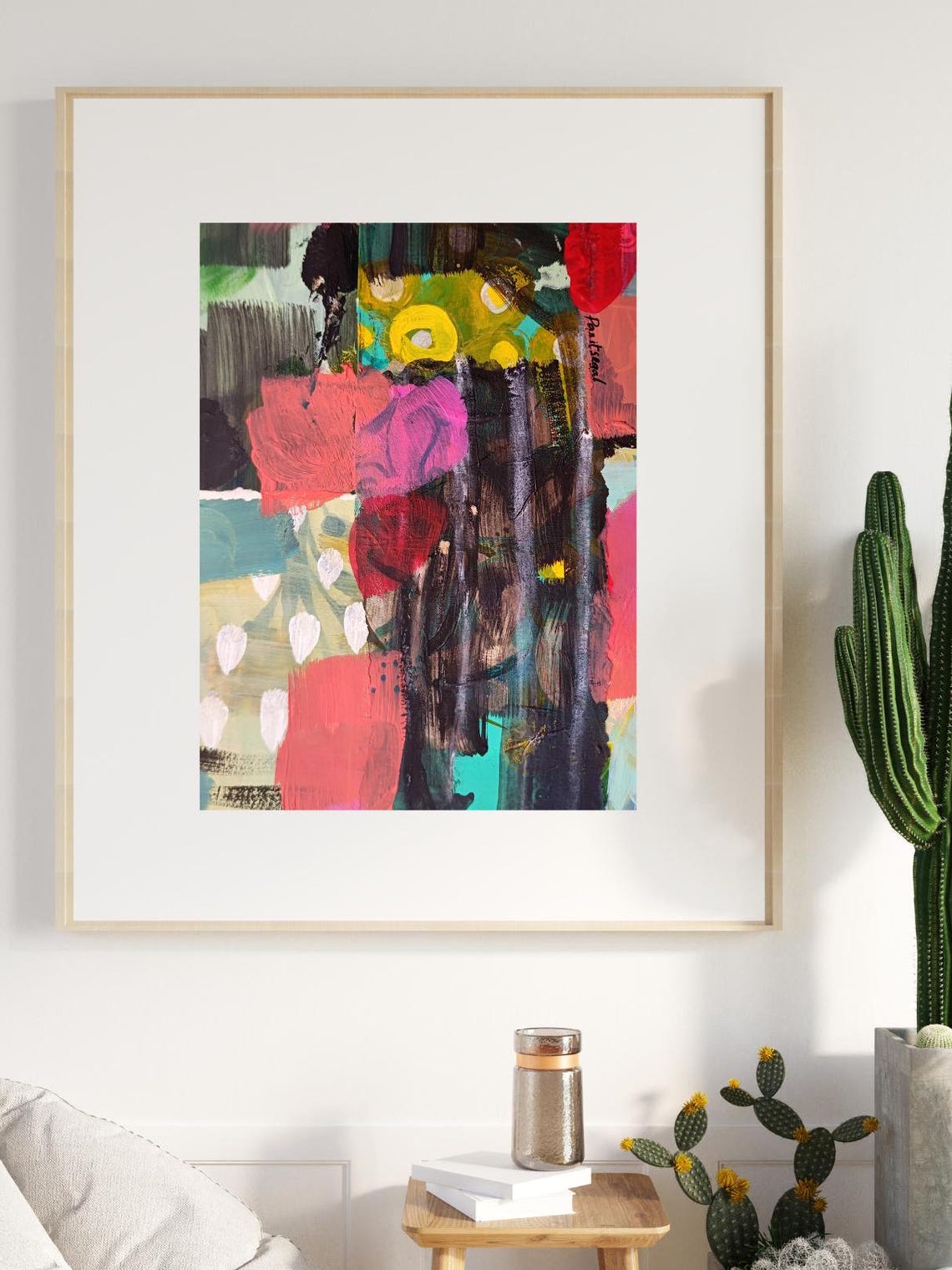 Bold Dark Abstract with Coral Pink and Turquoise Blocks Modern Poster - Image 2