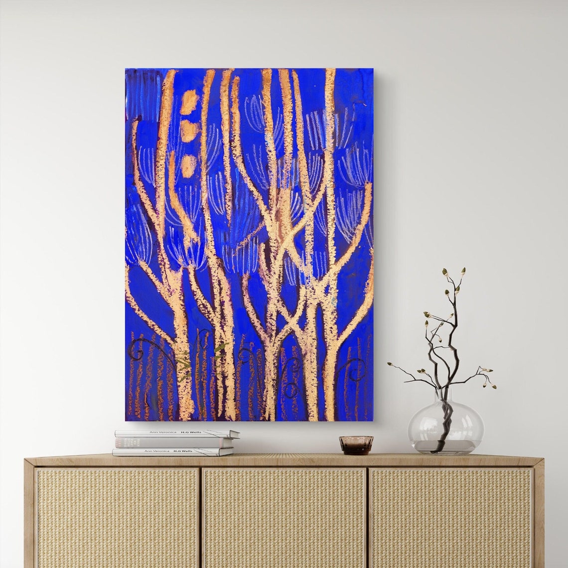 Cobalt Blue With Gold Branches Large Abstract Modern Art Poster - Image 2